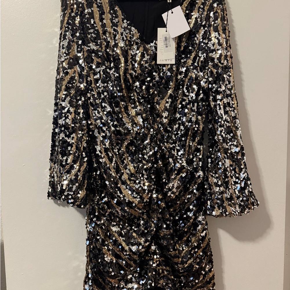 Little Lies Oracle Black and Gold Embellished Dress with Bell Sleeves